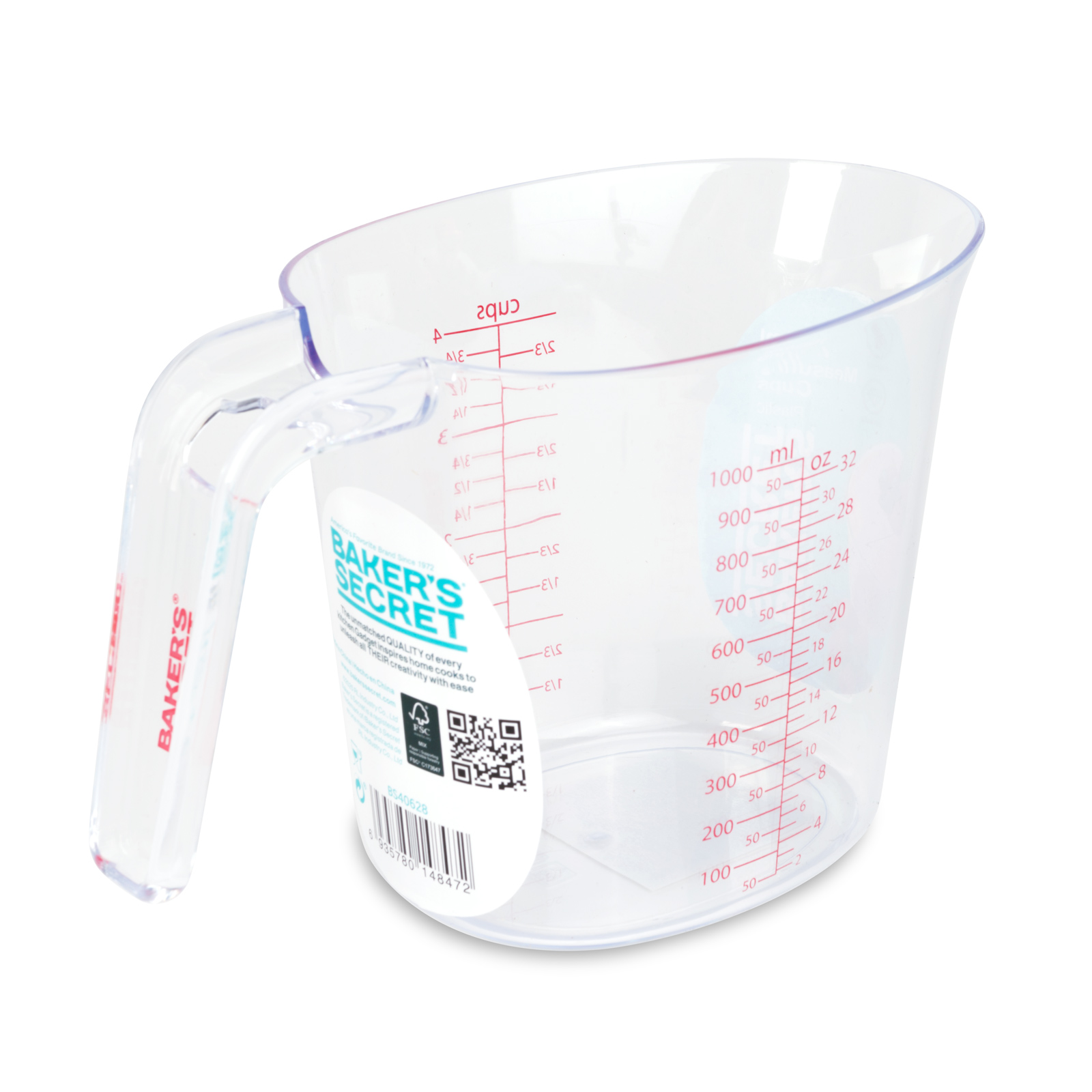 Cana gradata Baker's Secret 1000 ml plastic transparent, recipient masurare cu gradatii ml oz cup