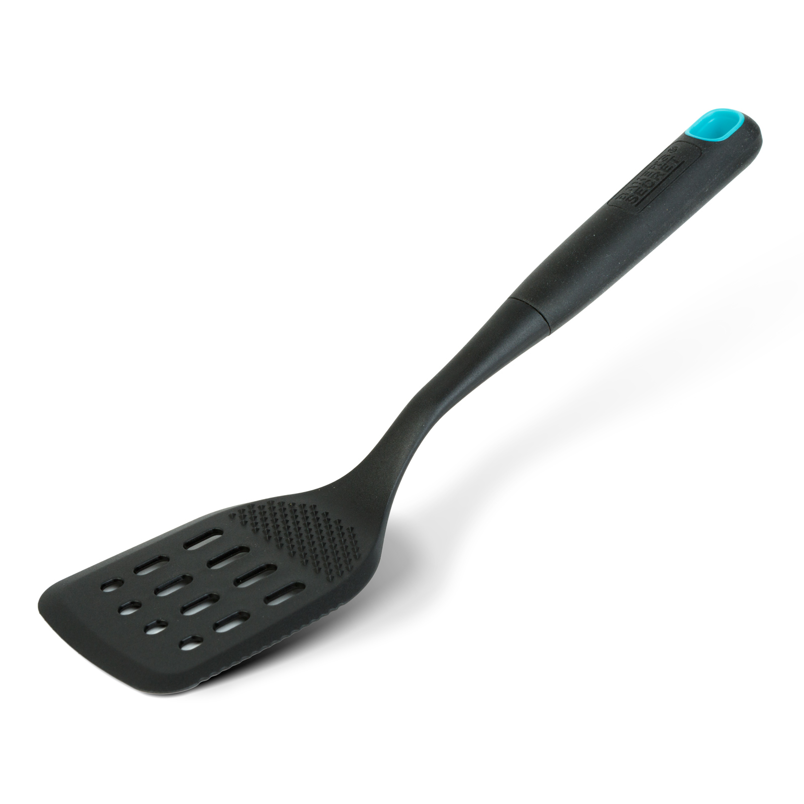 Spatula bucatarie perforata Baker's Secret nylon negru 32.5 x 8.2 x 3.5 cm, rezistenta la caldura pentru tigai antiaderente