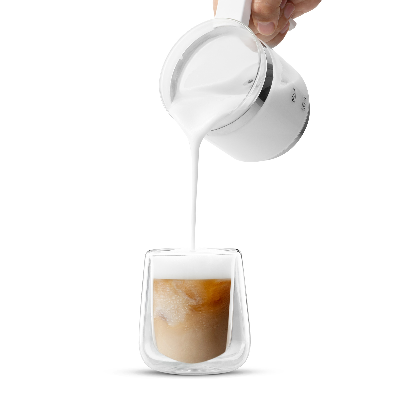 Aparat spumare lapte electric 600W, 250 ml, pentru spuma calda si rece, pentru cafea cappuccino latte, alb