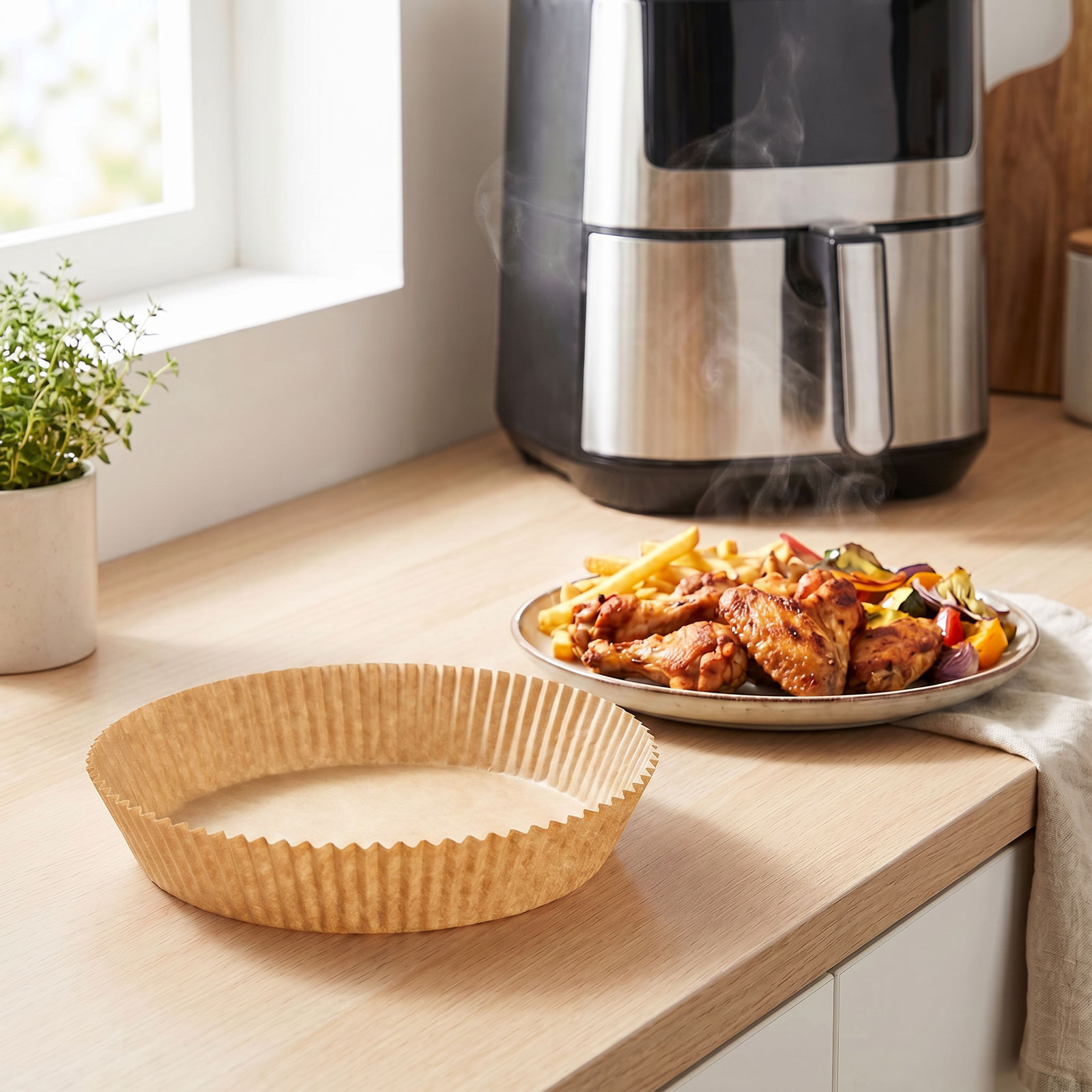 Hartie de copt air fryer rotunda 20 cm, 50 buc, antiaderenta, rezistenta 220°C