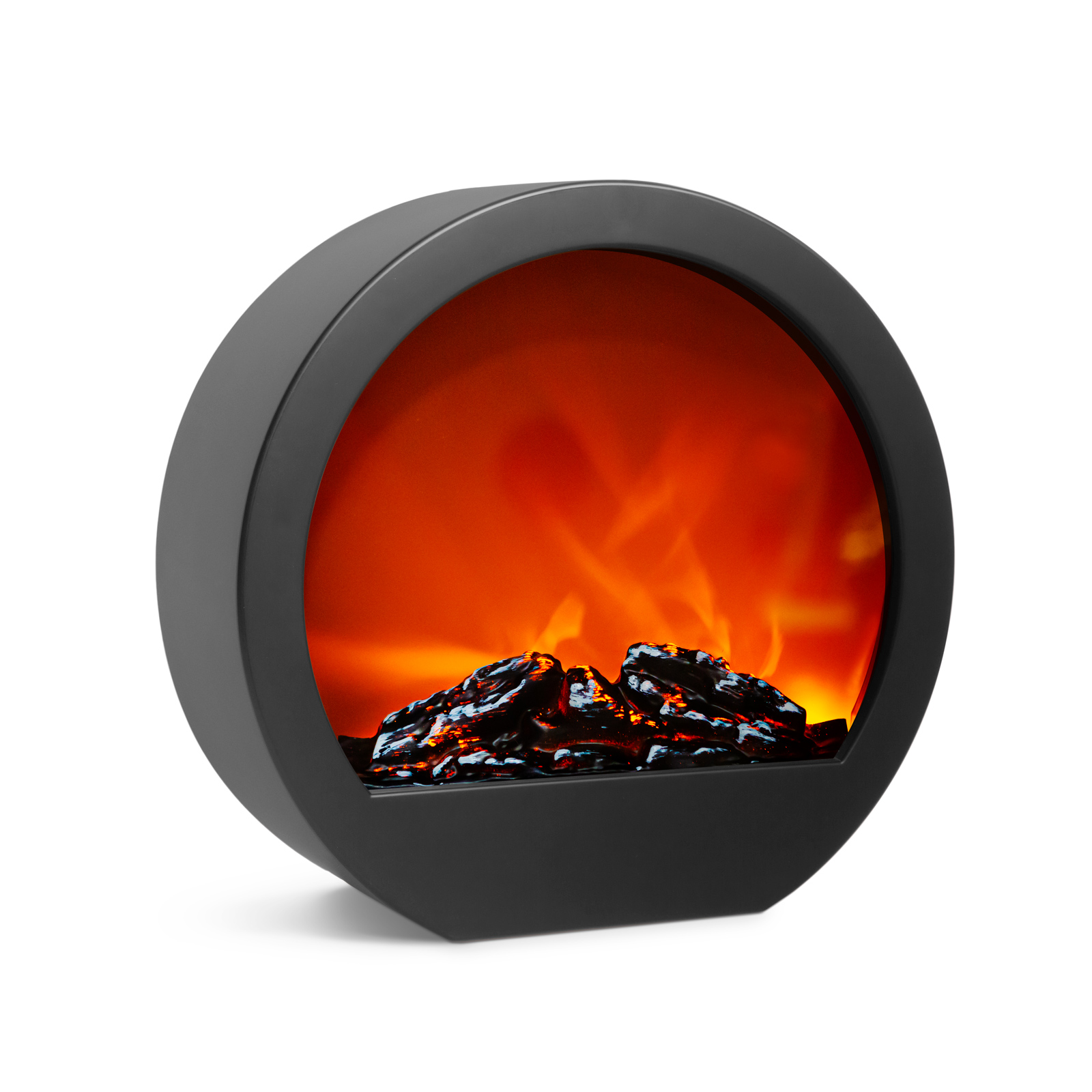 Semineu decorativ LED efect flacara, 35x12x38 cm, alimentare priza sau baterii, lumina calda, negru