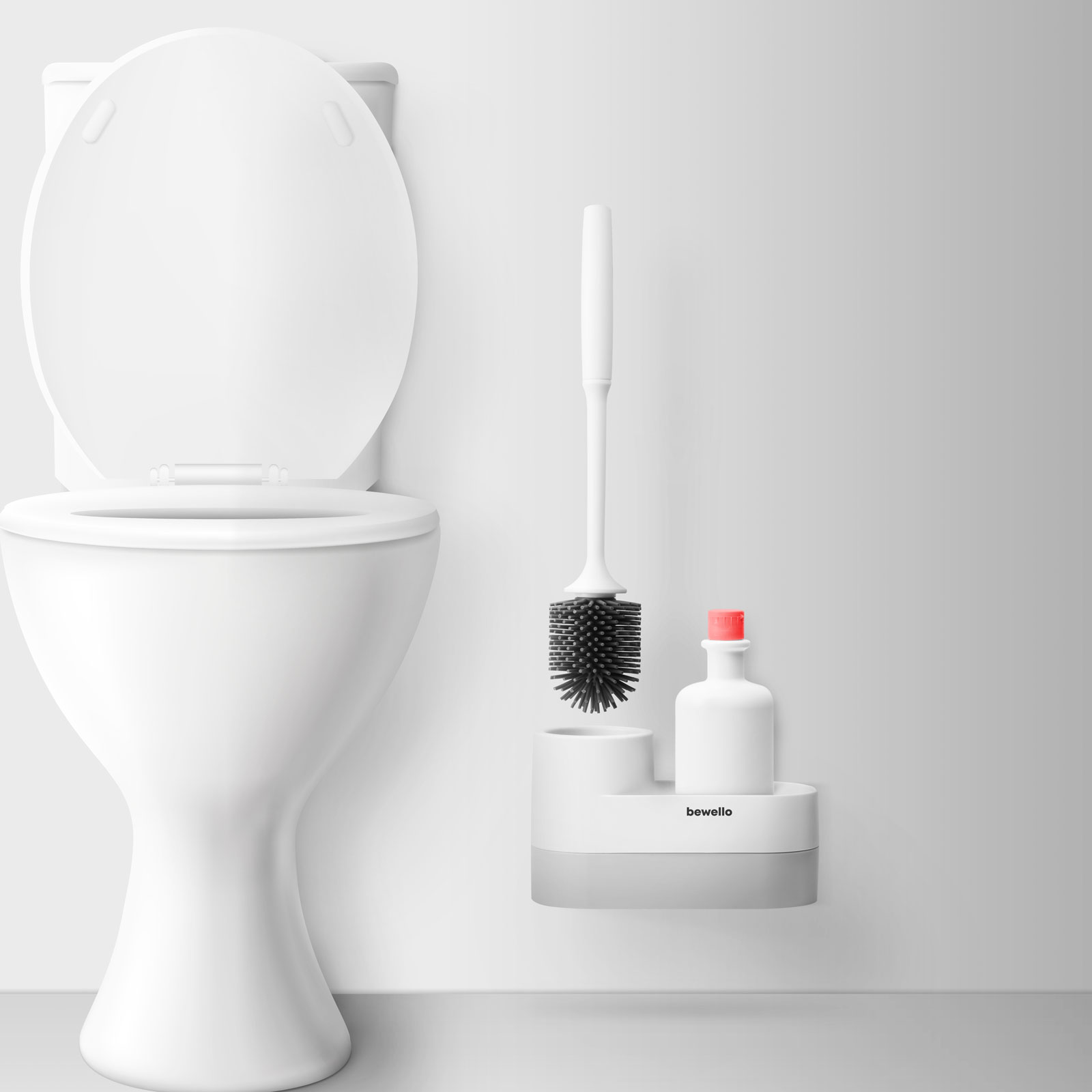 Perie WC cu suport, cap silicon, maner plastic, 2 compartimente, alb gri