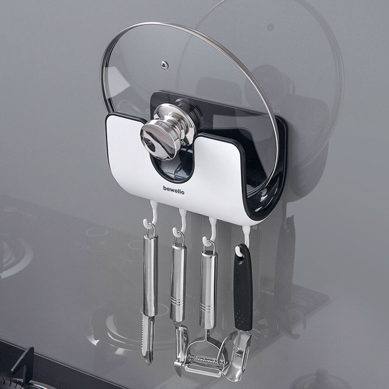 Organizator perete autoadeziv cu 4 carlige, suport accesorii si depozitare, raft perete