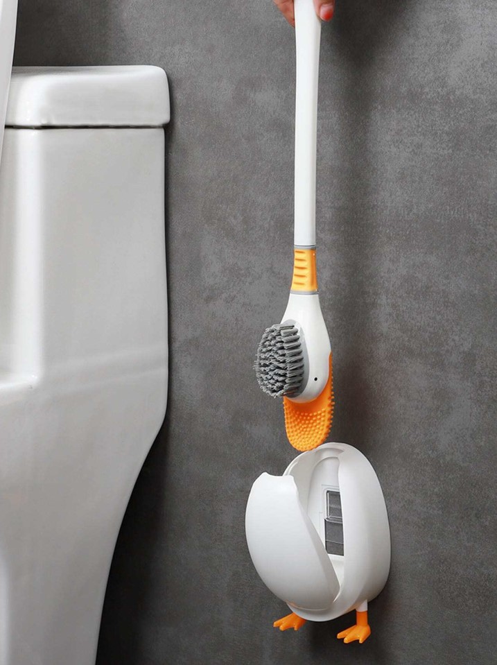 Perie WC forma rata cu suport perete, perie toaleta baie din plastic cu suport autoadeziv