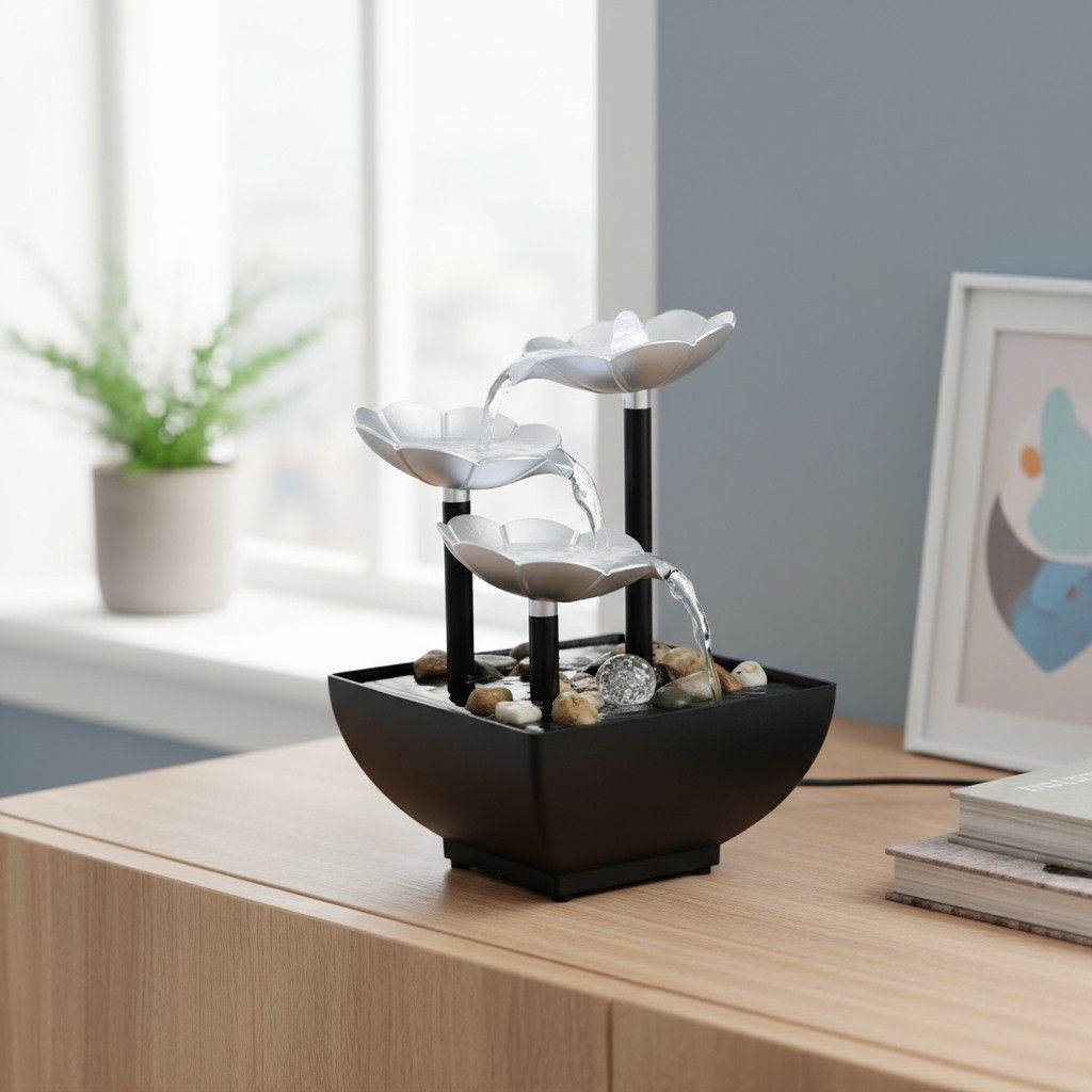 Fantana decorativa interior cu LED 20cm, fantana feng shui de masa cu flori si apa decorativa