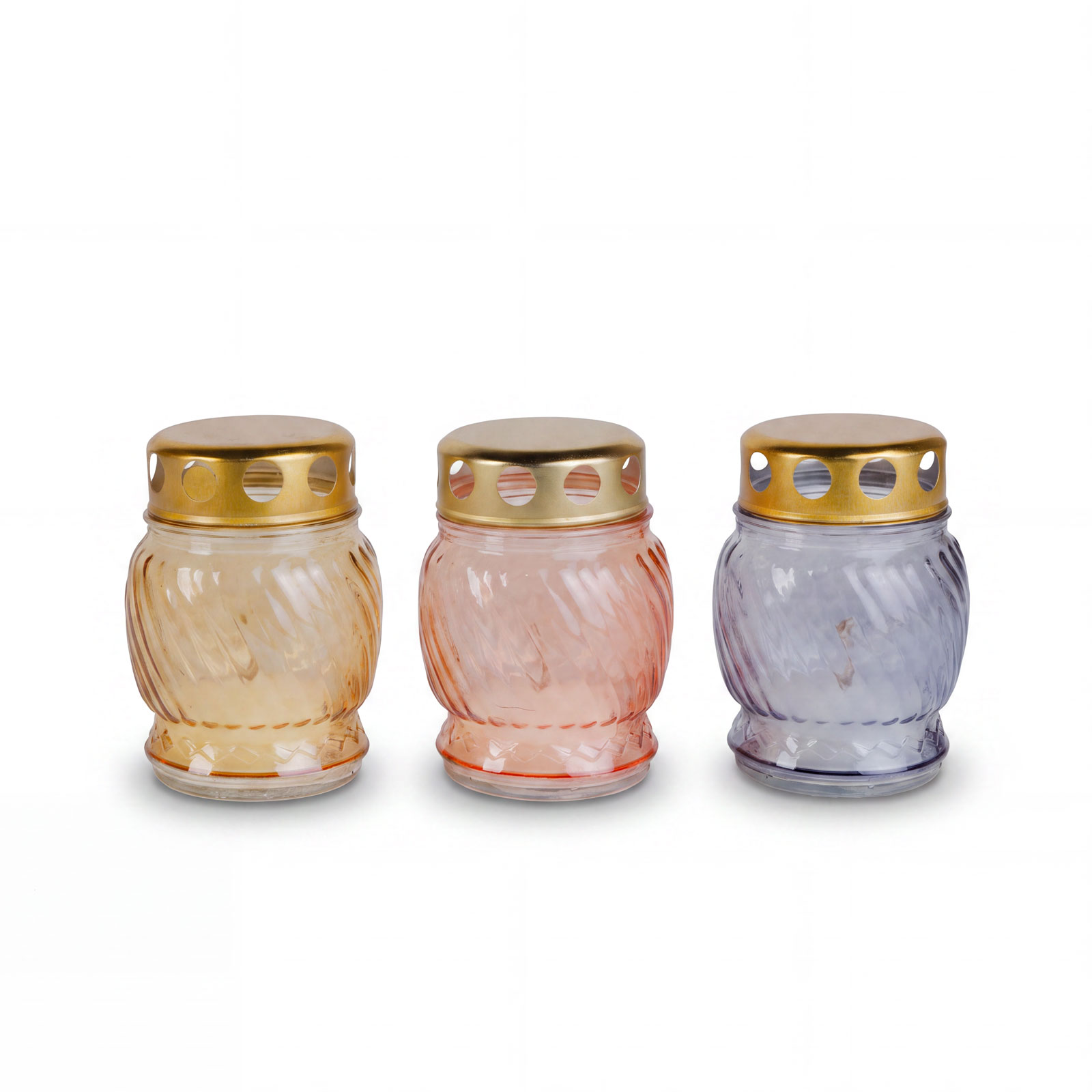 Candela din sticla cu capac metalic, parafina, 6-8 ore, 3 culori, 10 x 7 cm