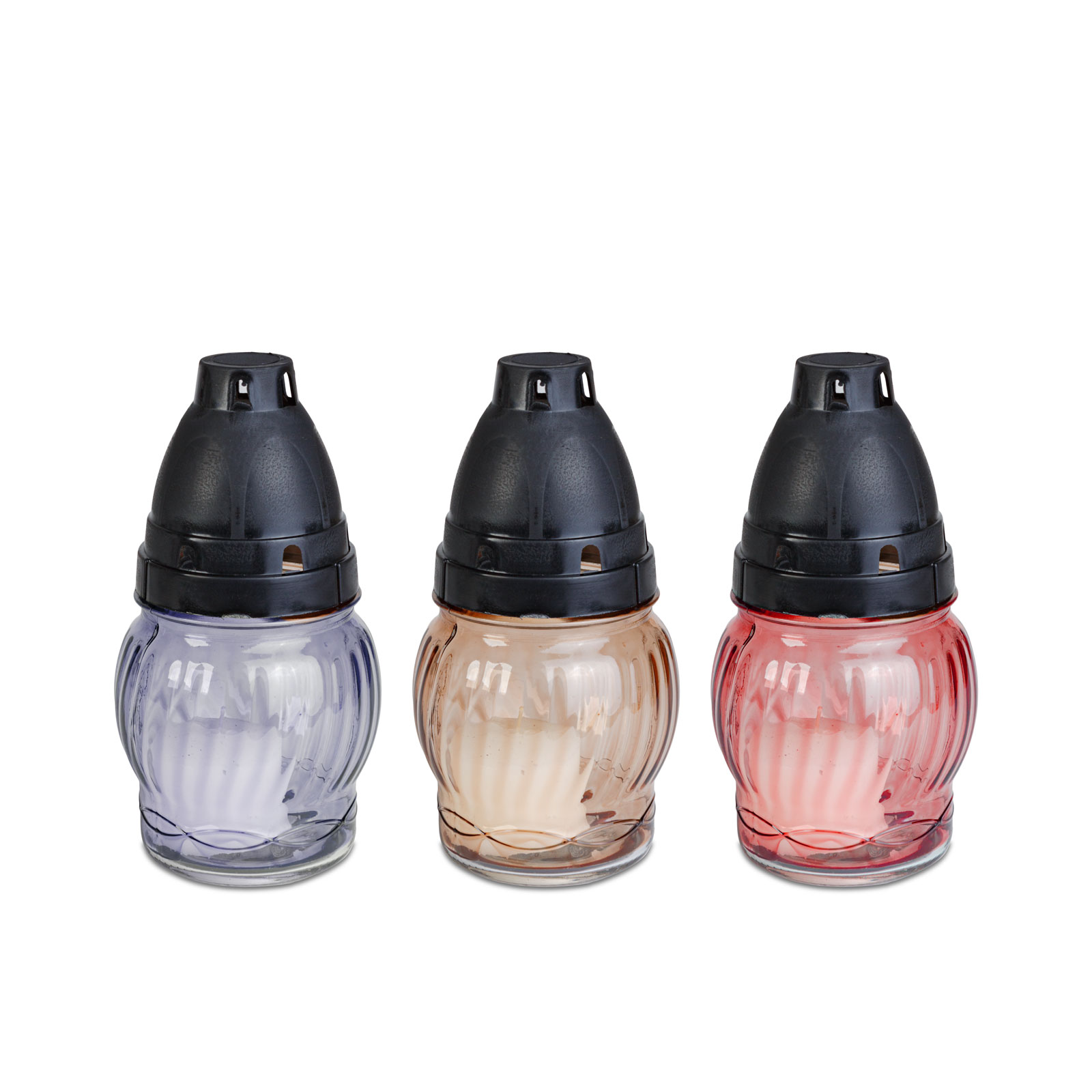Candela din sticla cu capac negru, parafina, 6-8 ore, 3 culori, 14 x 7 cm