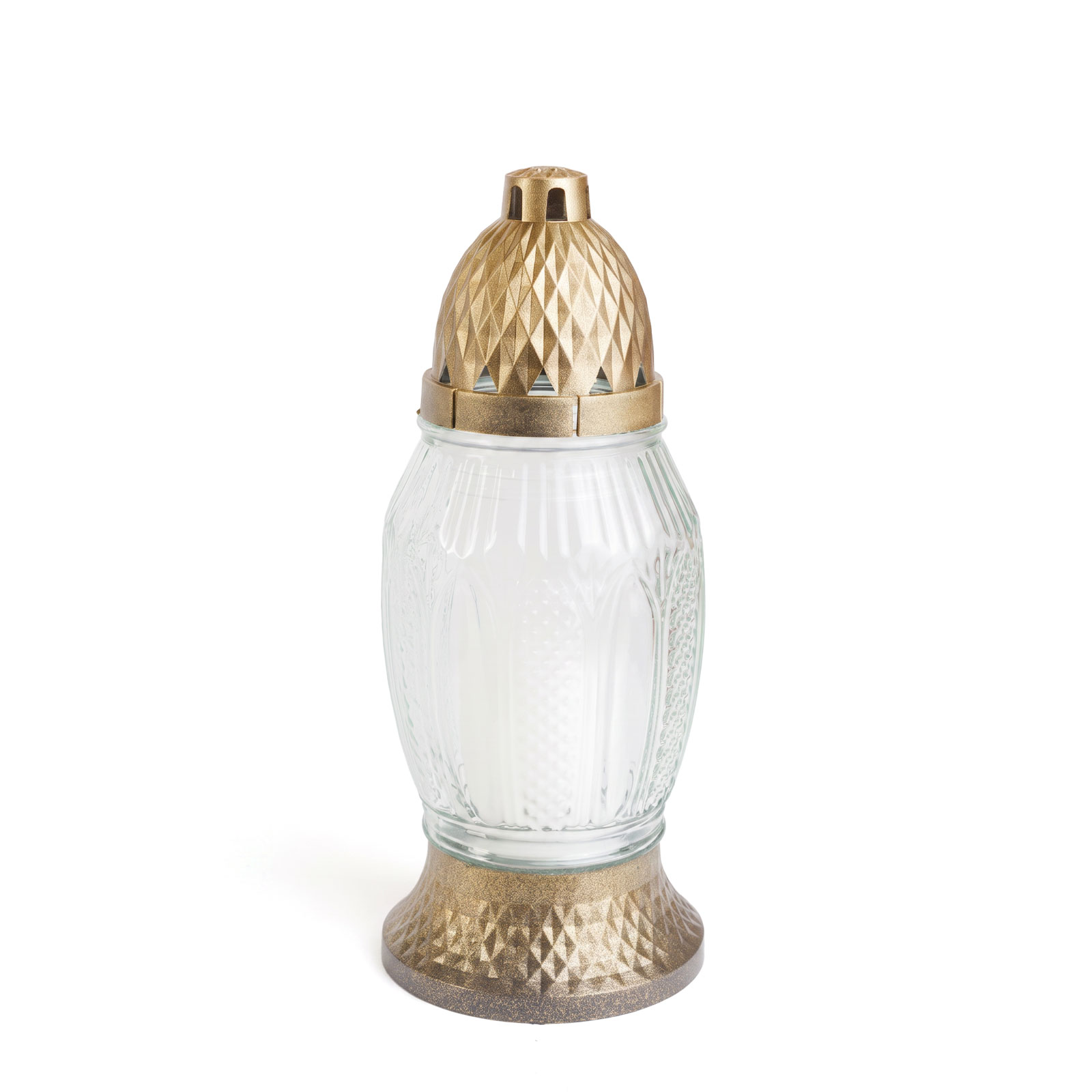 Candela din sticla cu capac si baza aurie, parafina, ardere 24 ore, 25 x 10 cm