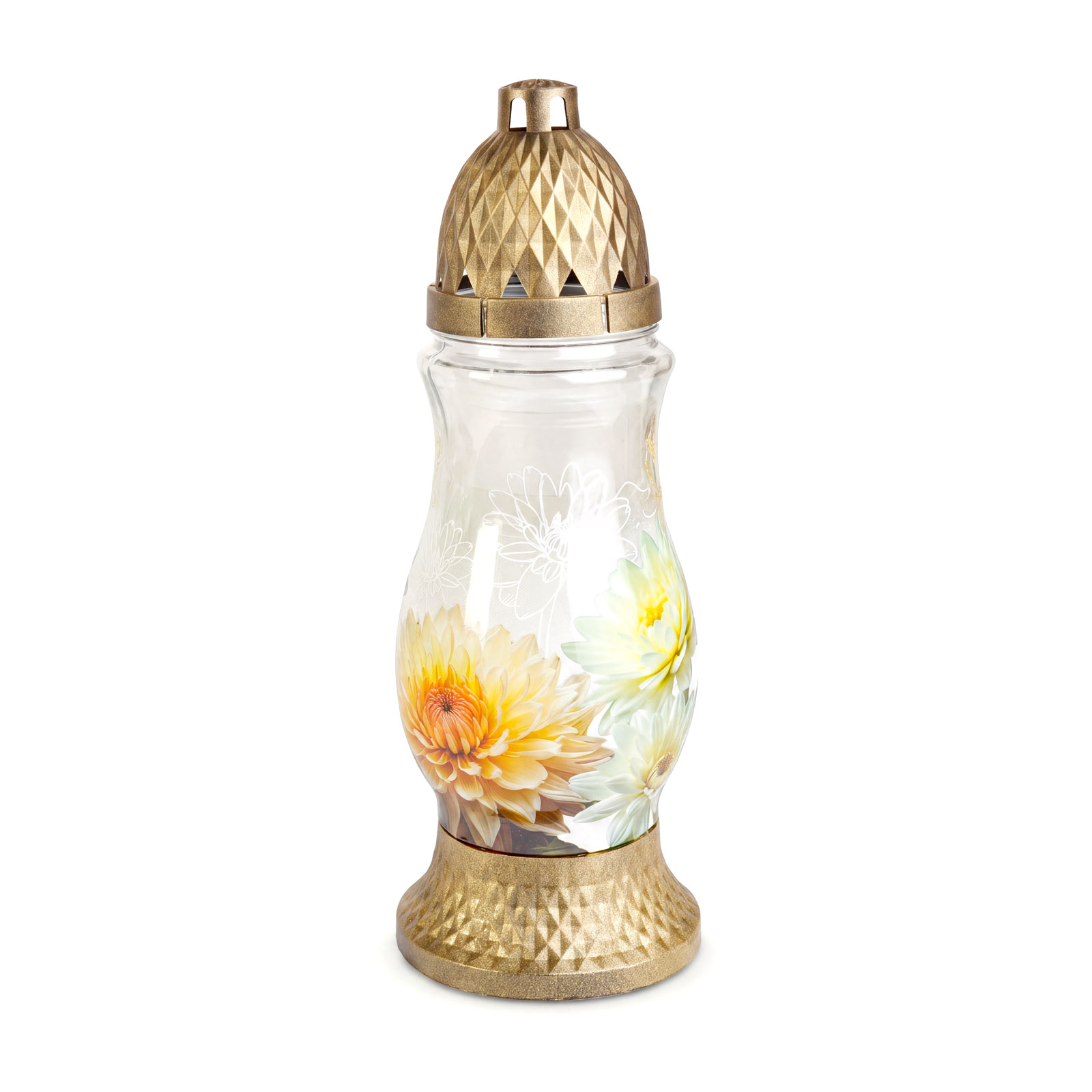 Candela din sticla cu decor crizantema, capac si baza aurie, parafina, 24 ore, 28 x 10 cm