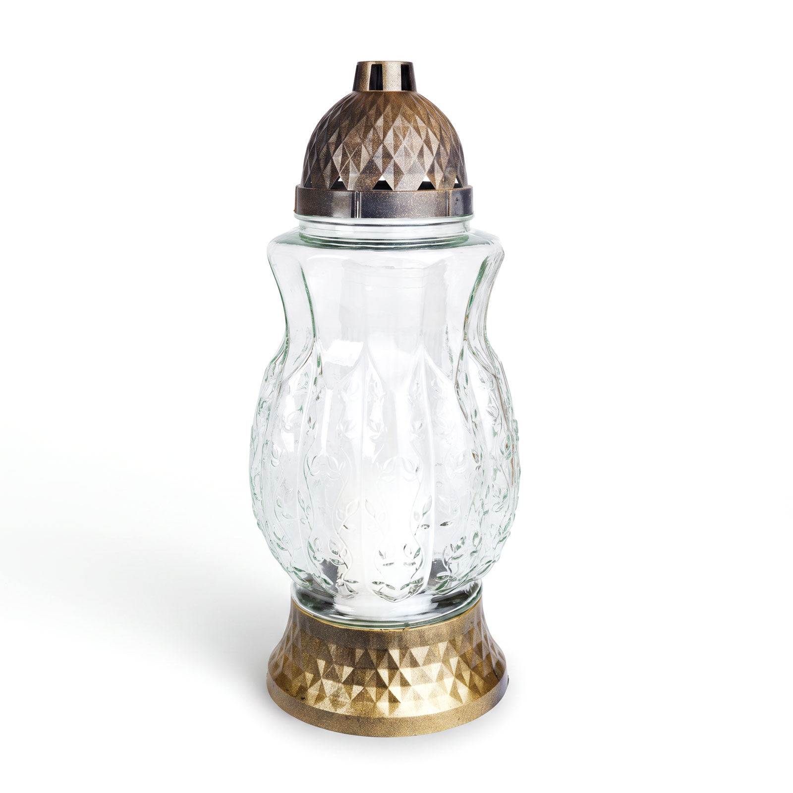 Candela din sticla cu capac si baza bronz, parafina, ardere 38 ore, 37 x 16 cm