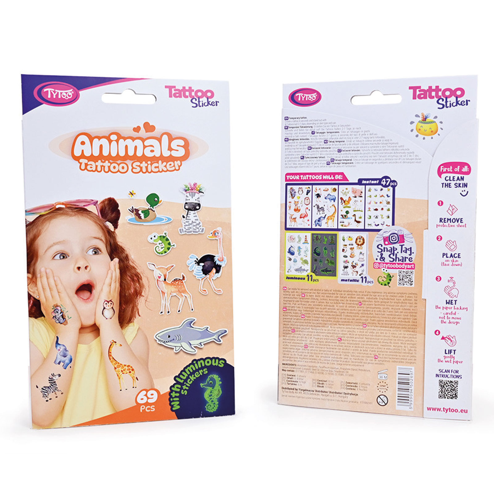 Set Tatuaje Temporare pentru Copii cu Animale, 69 Autocolante