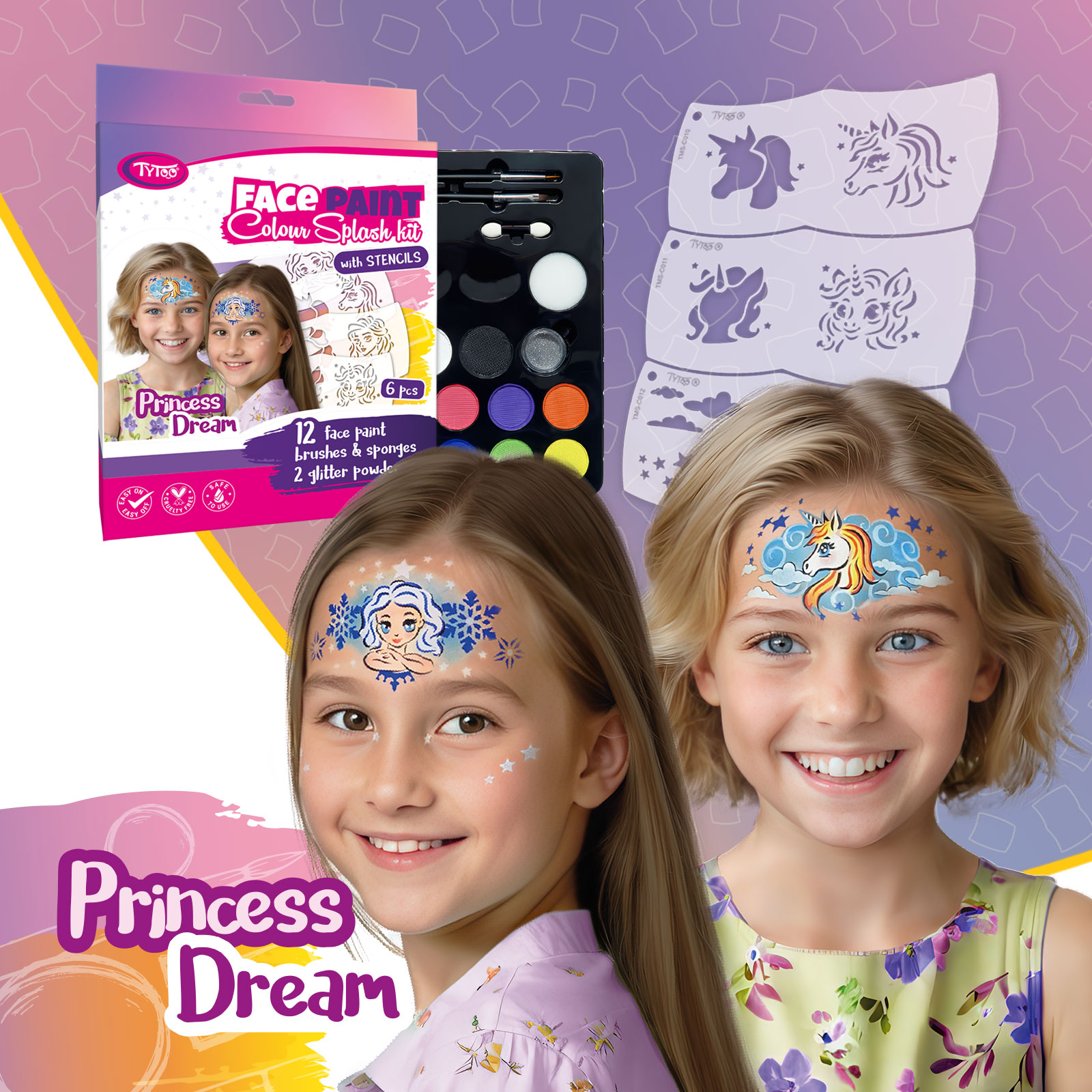 Set Pictura pe Fata pentru Copii Princess Dream, 12 Culori si 6 Sabloane