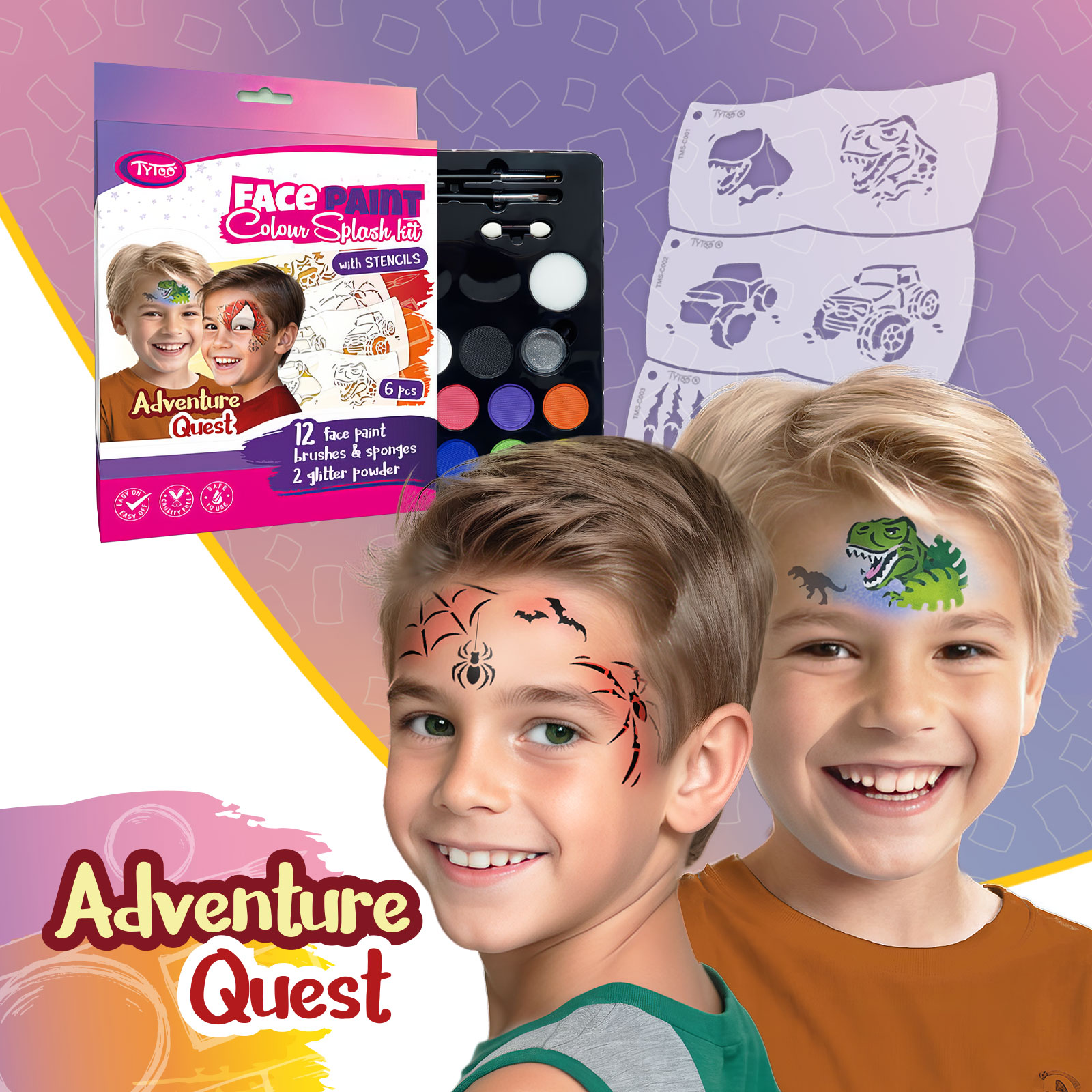 Set Pictura pe Fata pentru Copii Adventure Quest, 12 Culori si 6 Sabloane