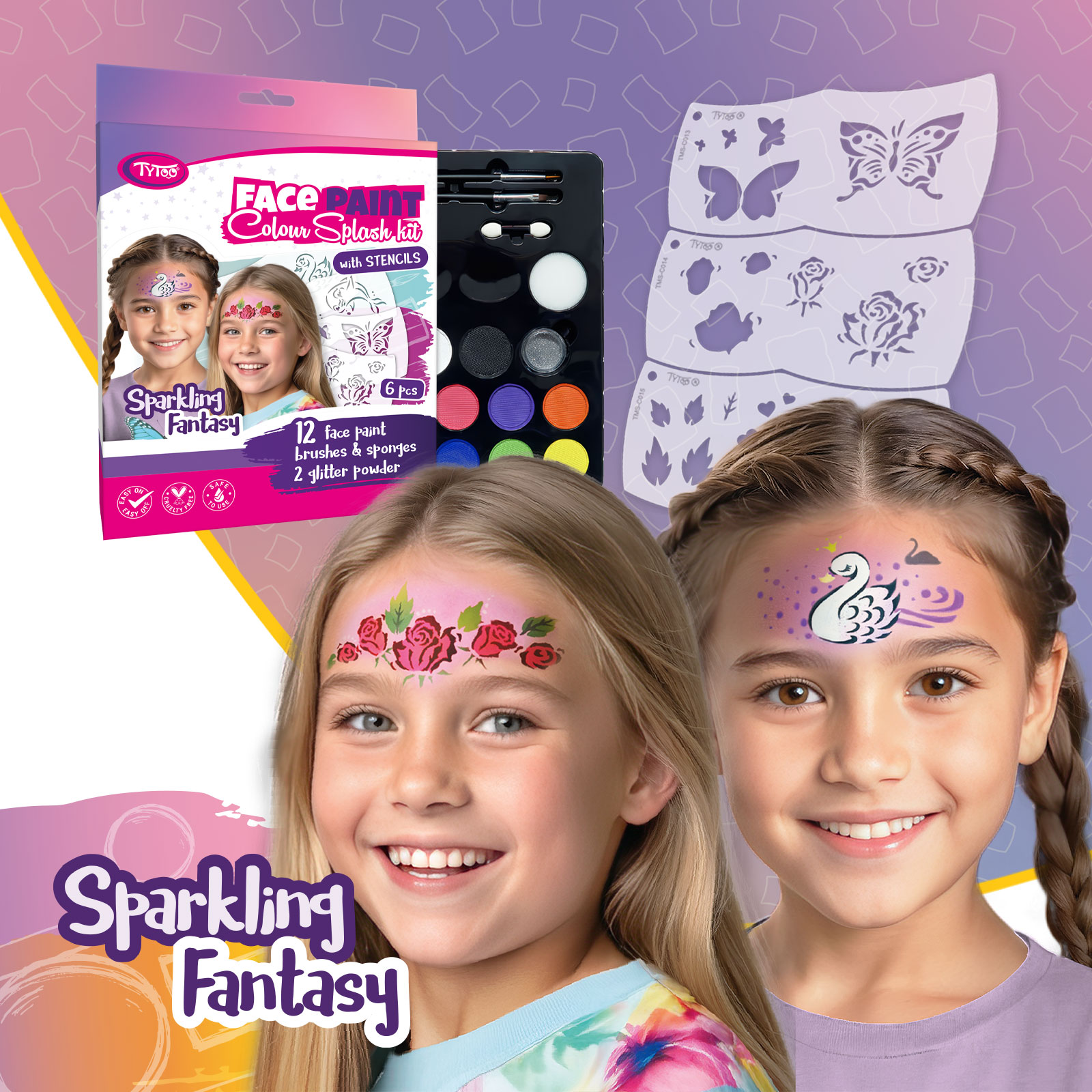 Set Pictura pe Fata pentru Copii Sparkling Fantasy, 12 Culori si 6 Sabloane