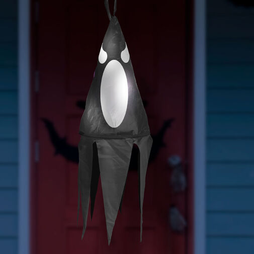 56598C • Halloween-i világító dekoráció - szellem - fekete - 10 színes LED - akasztható - 2 x 2032 - 75x20 cm