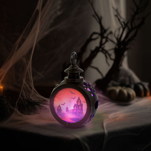 56602B • Halloween-i világító dekoráció - kastély - felakasztható - RGB LED - 8,5 x 13,5 cm