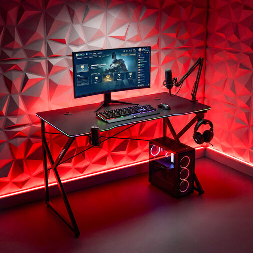BMD1127BK • Gamer asztal - 120 x 60 x 75 cm - RGB LED, USB, pohártartó, fejhallgató tartó, 15 mm MDF - fekete